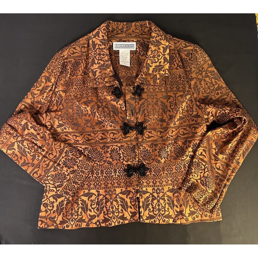 Vintage Jessica Howard Women’s Double Collar Floral Blazer Orange & Black Sz 16